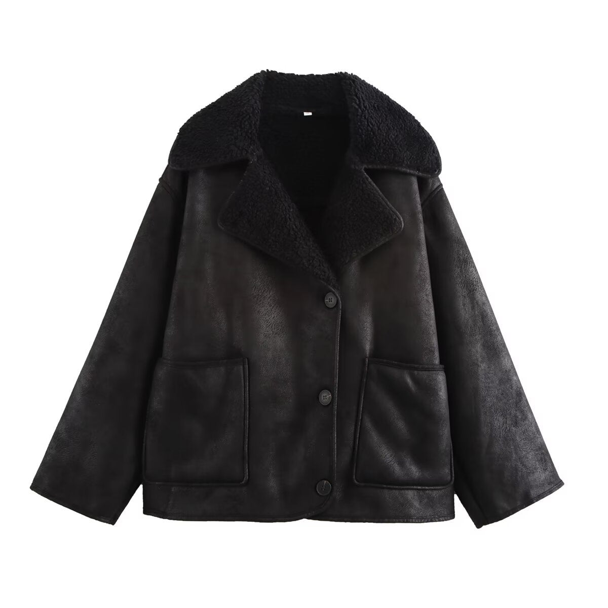Women’s short jacket in boxy cut made of suede imitation with teddy lining and large flap pockets Chichicherry