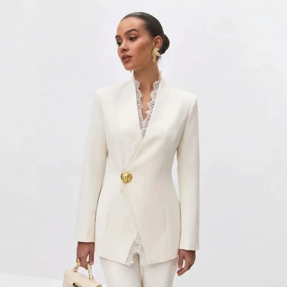 Women's Tailored Blazer with Lace Trim and Decorative Button Chichicherry