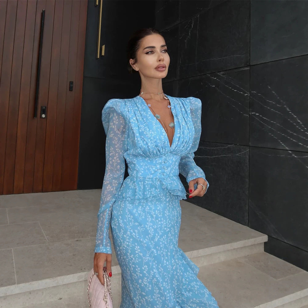 Women Chiffon Maxi Dress with V-neck, Puff Sleeves and Leg Slit Chichicherry