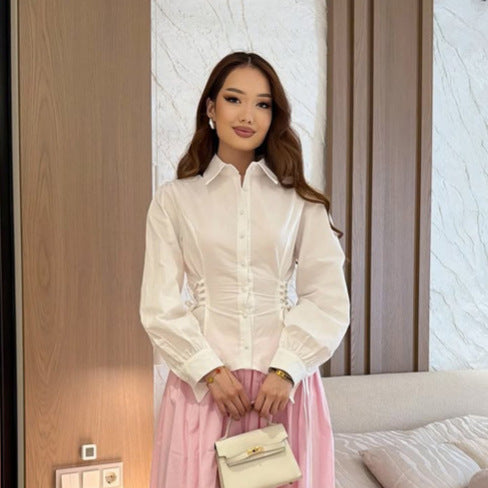 Women tailored cotton blouse with side lacing and balloon sleeves Chichicherry