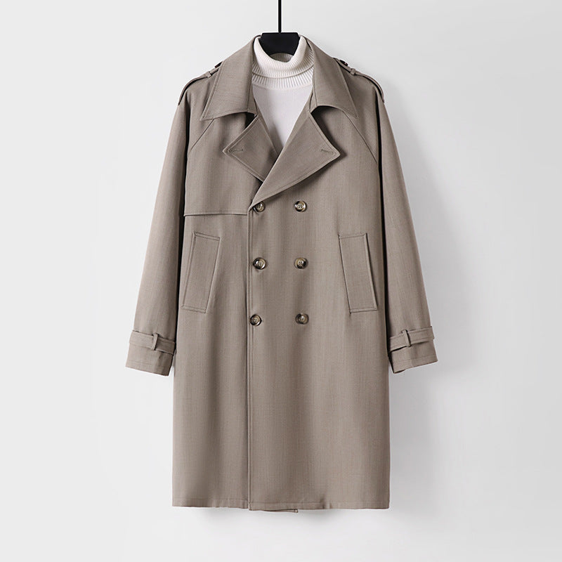 Men's Mid-Length Oversized Trench Coat with Double Button Placket and Epaulettes Chichicherry