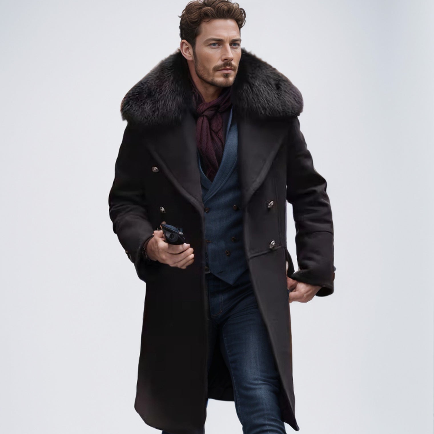 Men's Double-Breasted Wool Coat with Large Faux Fur Collar Chichicherry