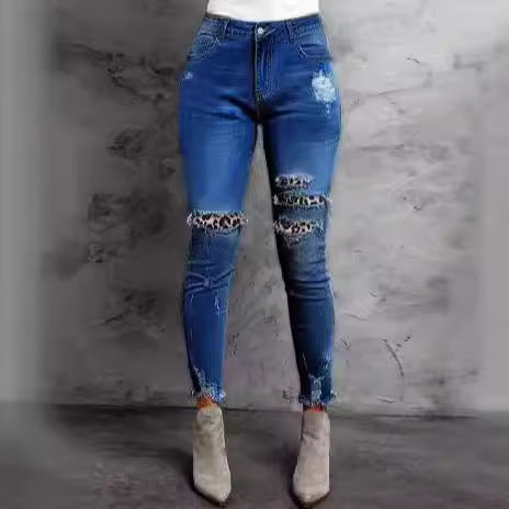 Women Stretch Skinny Jeans with High Waist, Knee Ripped Details and Leo Underlay Chichicherry
