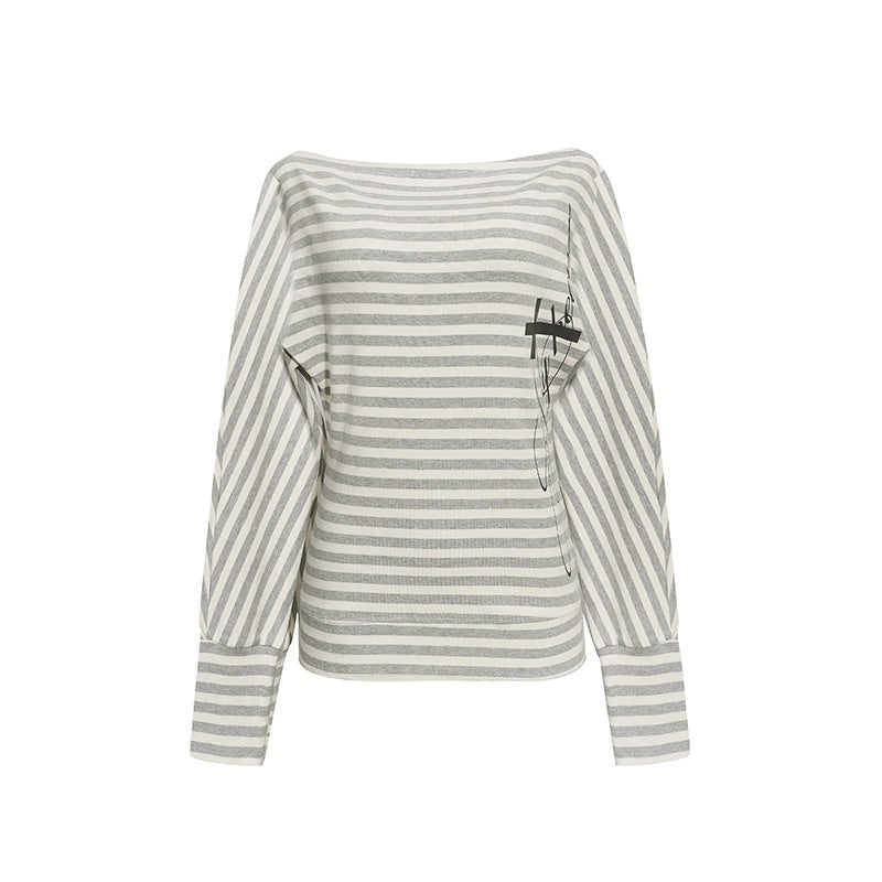 Women's Figure-hugging Striped Long Sleeve Shirt with Wide Boat Neck and Cropped Batwing Sleeves Chichicherry