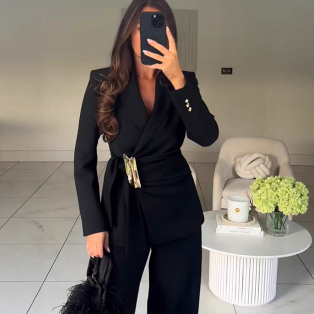 Women's Tailored Wrap Blazer with Decorative Metal Buckle & High-Waist Palazzo Pants Chichicherry