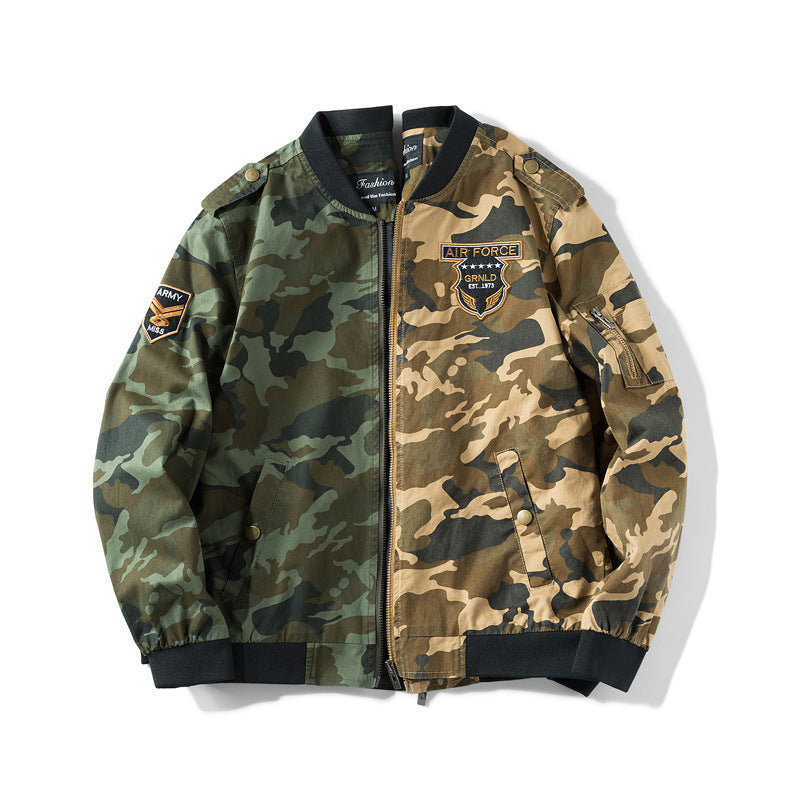 Men's Camouflage Bomber Jacket in Military Style with Patch Applications, Arm Pocket and Ribbed Cuffs Chichicherry