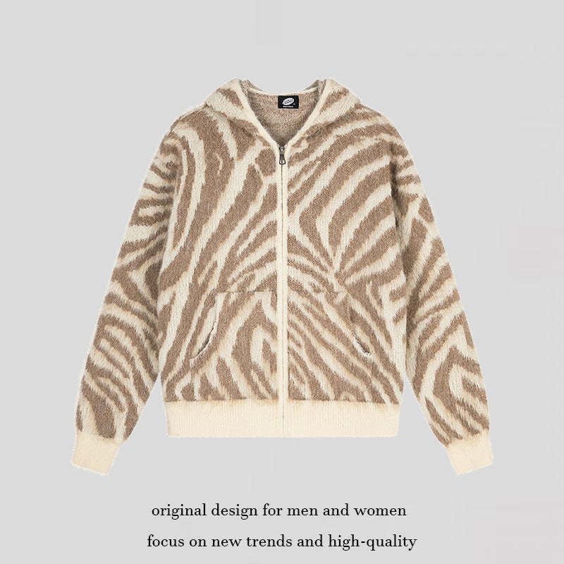 Women's Fluffy Zip Hoodie Cardigan with Zebra Jacquard and Kangaroo Pocket Chichicherry
