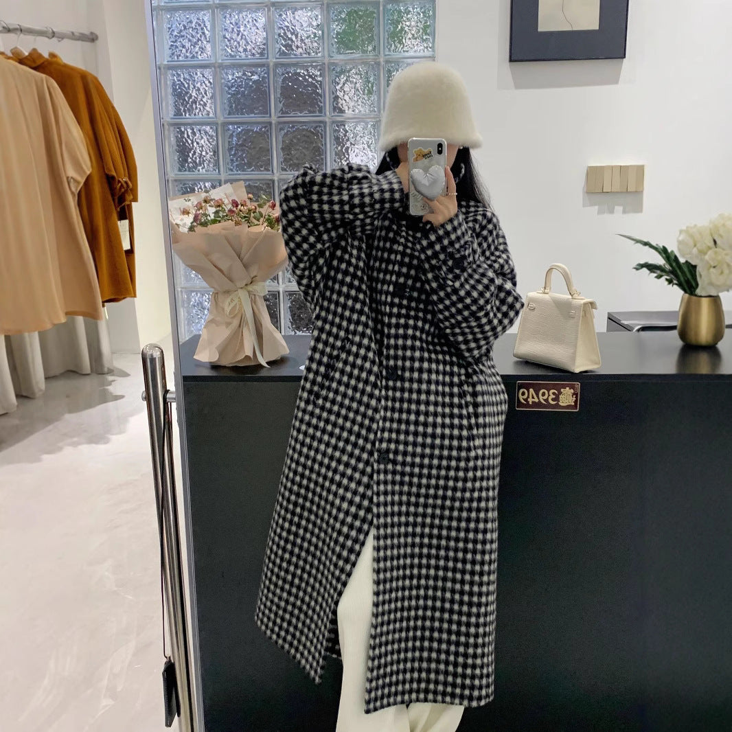 Women's Houndstooth Oversize Wool Blend Coat with Wide Cut and Button Closure Chichicherry