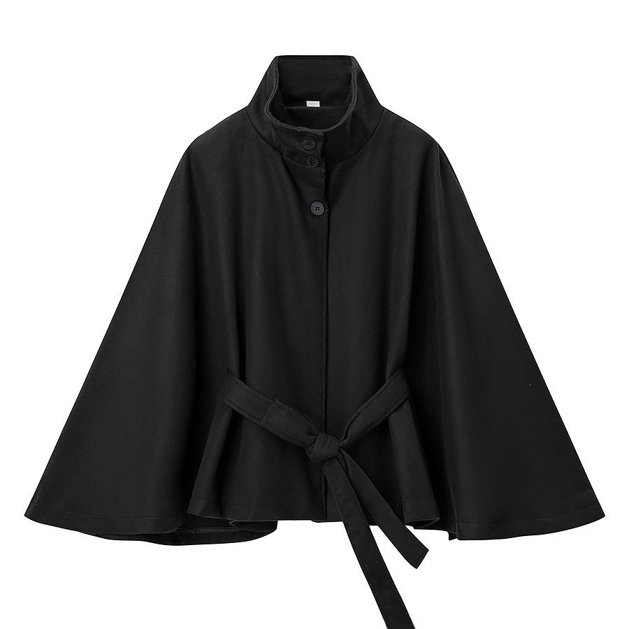 Women's Short Cape Coat with Stand-Up Collar, Concealed Button Placket and Tie Belt Chichicherry