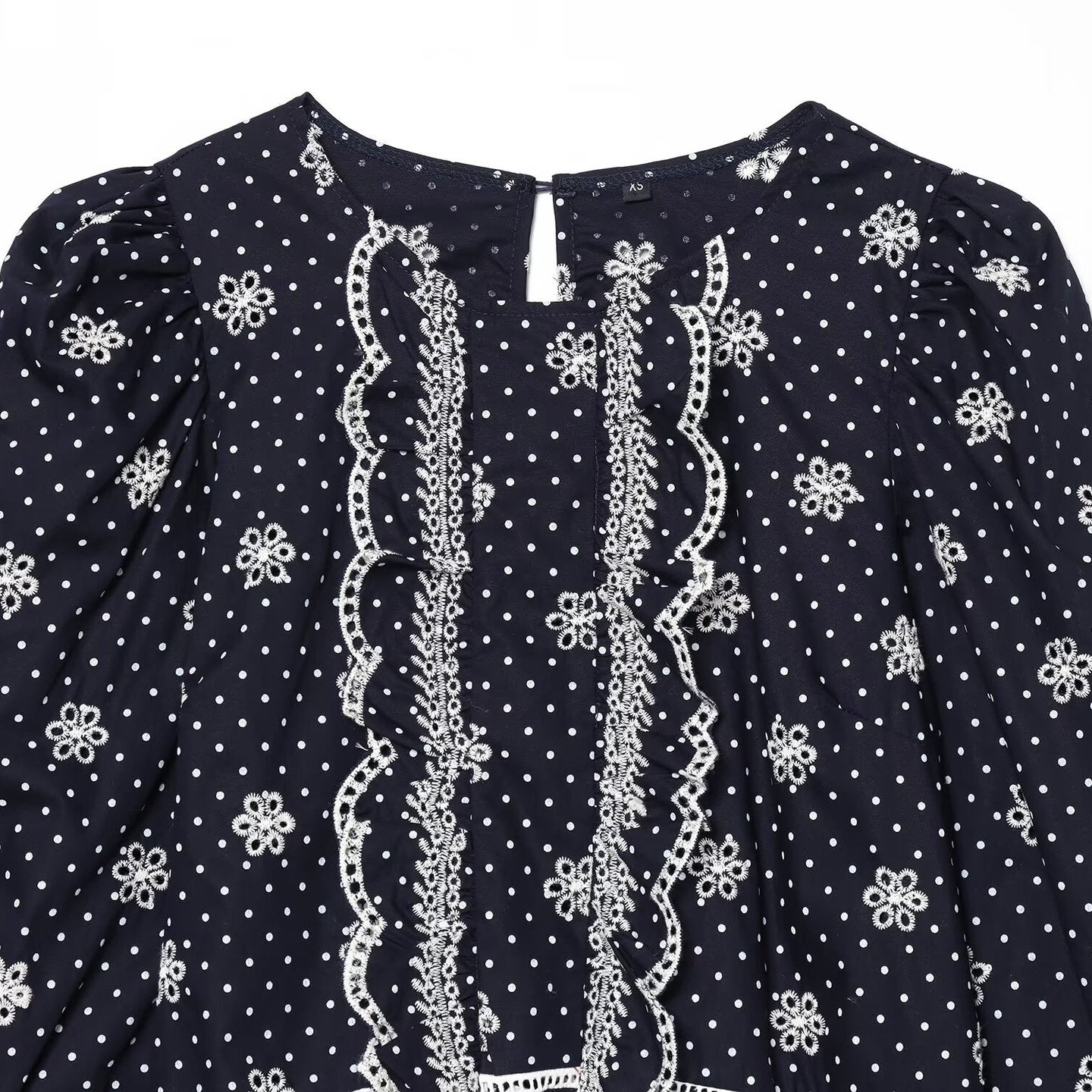 Women Embroidered Polka Dot Blouse with Ruffles and Balloon Sleeves Chichicherry