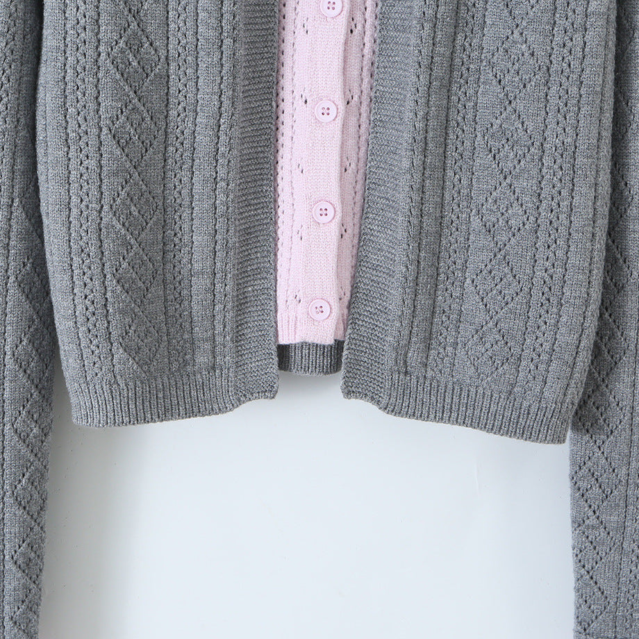 Women Fine Knit Two-Piece Cardigan with Bow Collar and Decorative Waistcoat Chichicherry