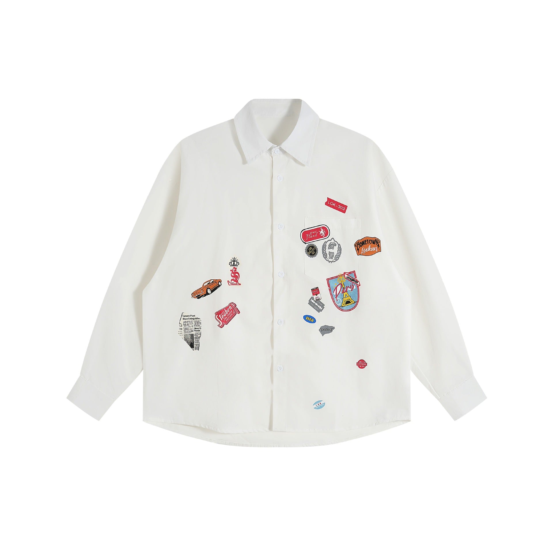 Unisex Loose Button-Down Shirt with vintage-inspired emblem patches and pocket Chichicherry