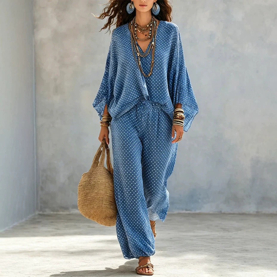 Women's linen look two-piece set with V tunic, batwing sleeves, and wide harem pants Chichicherry