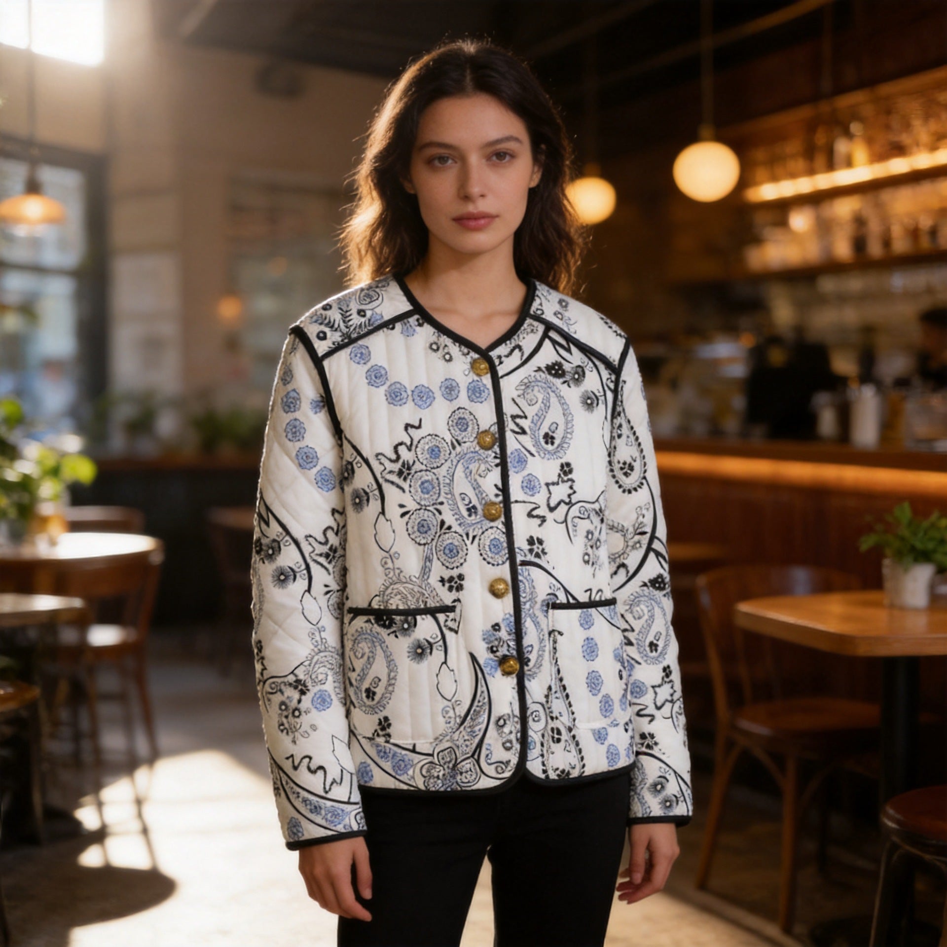 Women's Quilted Short Jacket with Paisley Flower Print, Round Neckline and Contrast Piping Chichicherry