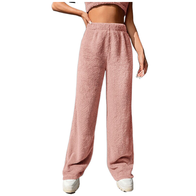 Women's Plush Lounge Pants with High Elastic Waistband and Wide Leg Chichicherry