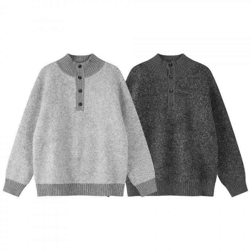 Unisex Boxy knit sweater with Henley button placket and raised ribbed collar Chichicherry