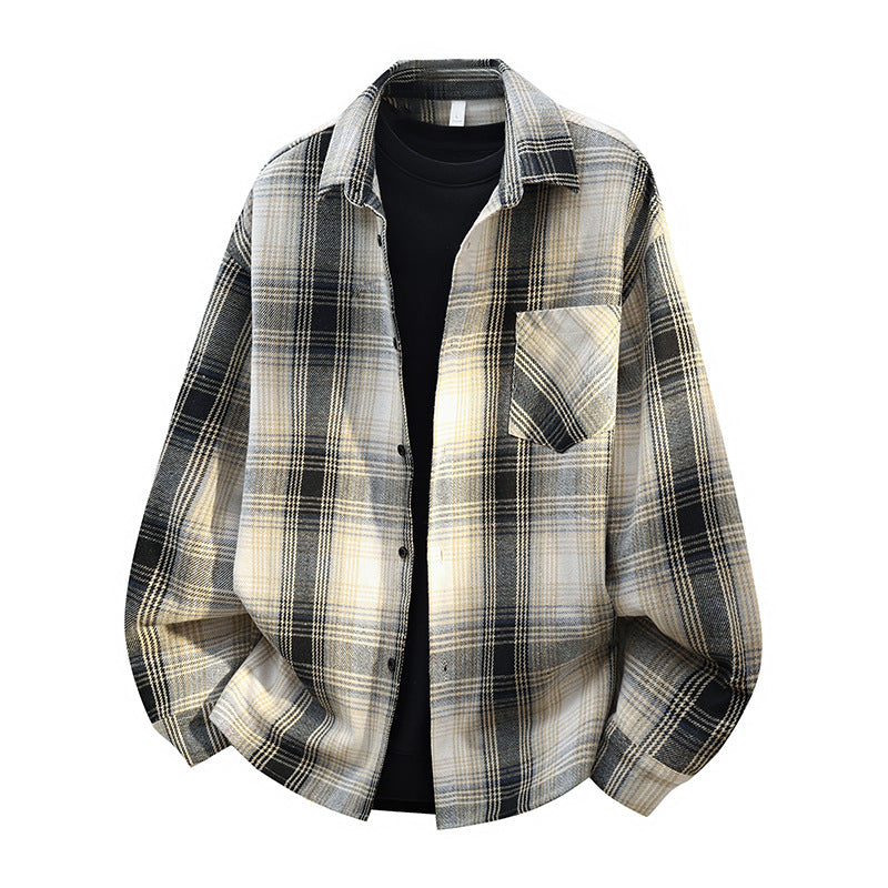 Men's Oversized Checked Flannel Shirt Jacket with Breast Pocket & Rounded Hem Chichicherry
