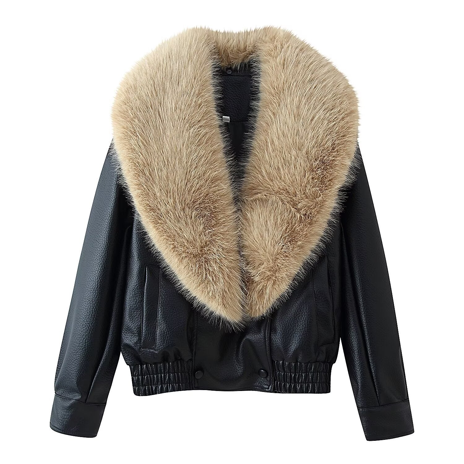 Women's Short-Cut Leather Bomber Jacket with Voluminous Removable Fur Collar Chichicherry