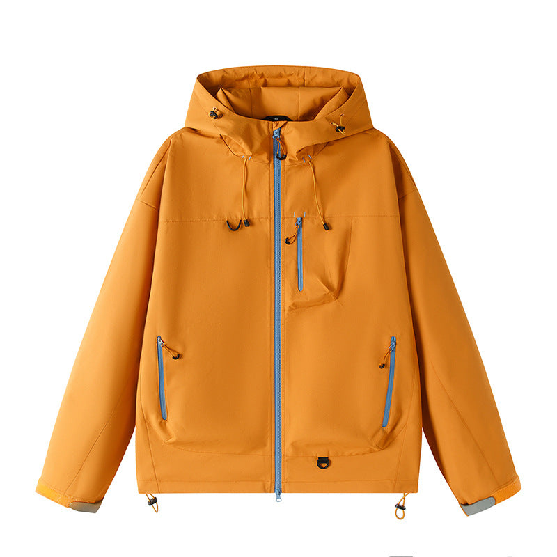 Men's Lightweight Tech Softshell Jacket with Hood, Adjustable Hem and Contrast Zippers Chichicherry