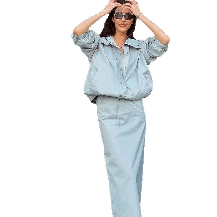 Women's Two-Piece Co-Ord Set made of Lightweight Windbreaker with Drawstring and Tailored Maxi Skirt Chichicherry
