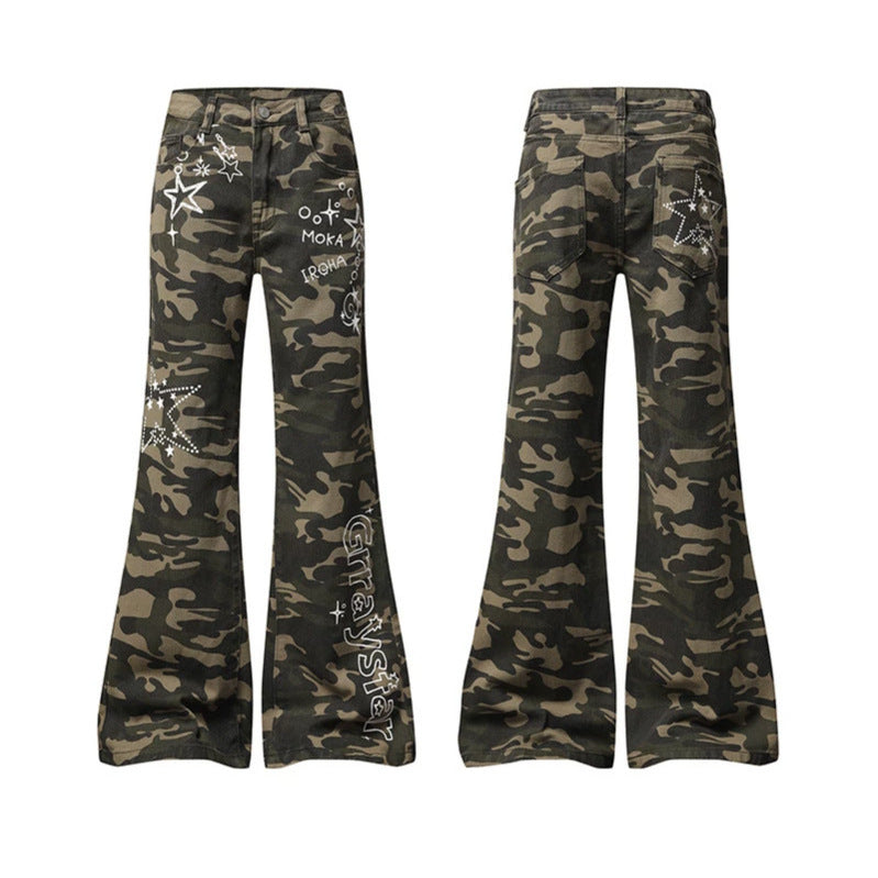 Women's Wide High-Waist Palazzo Jeans in Camouflage Print with Star and Text Applications, Flared Pants Chichicherry