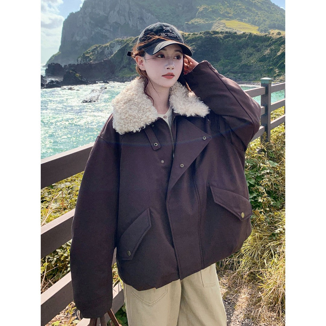 Women's Oversize Short Jacket with Teddy Collar and Flap Pockets Chichicherry