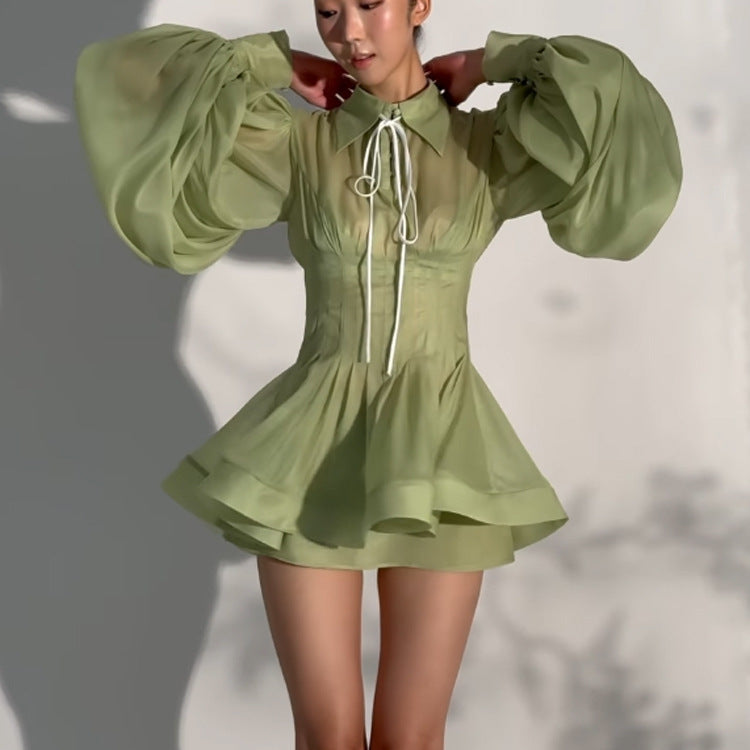 Ladies Transparent Chiffon Mini Dress with Corset Look, Puff Sleeves and Flared Skirt Chichicherry