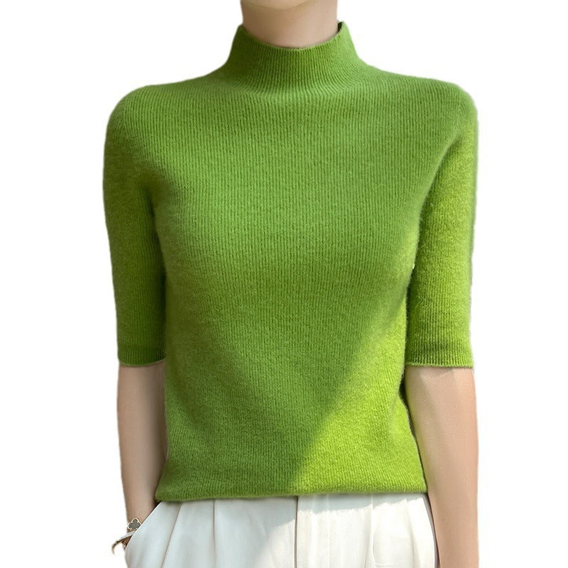 Women's Short Sleeve Mock Neck Sweater with Fluffy Angora Look Chichicherry
