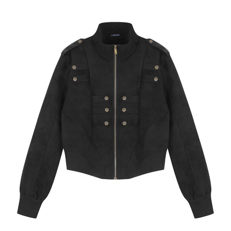 Women's Cropped Bomber Jacket with Stand-Up Collar, Shoulder Patches and Decorative Button Placket Chichicherry