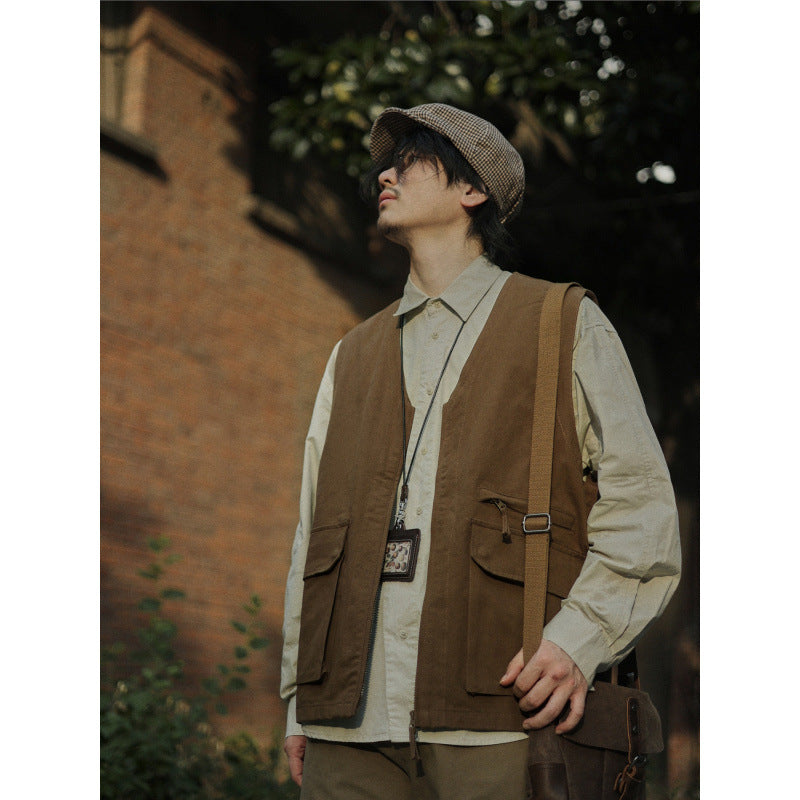 Herren Multifunktionale Canvas-Utility-Weste mit Fronttaschen und Reißverschluss Chichicherry