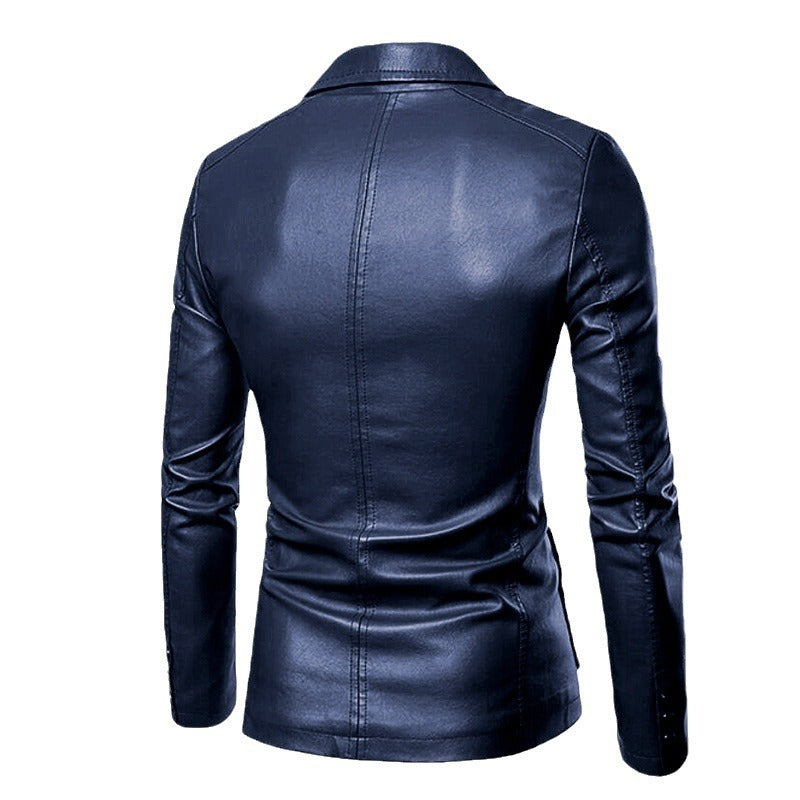 Men's Slim-Fit Faux Leather Blazer with Lapel, Button Placket and Patch Pockets Chichicherry