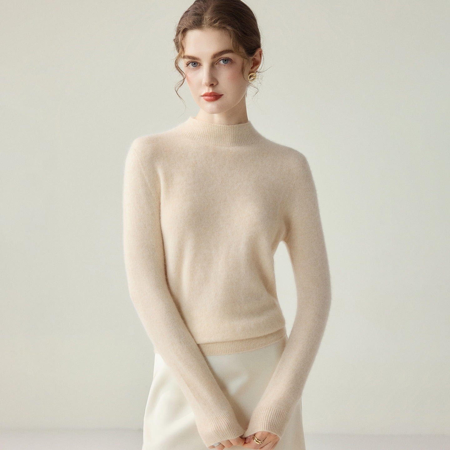 Women Slim Mockneck Fine Knit Sweater with Cashmere-like Feel Chichicherry