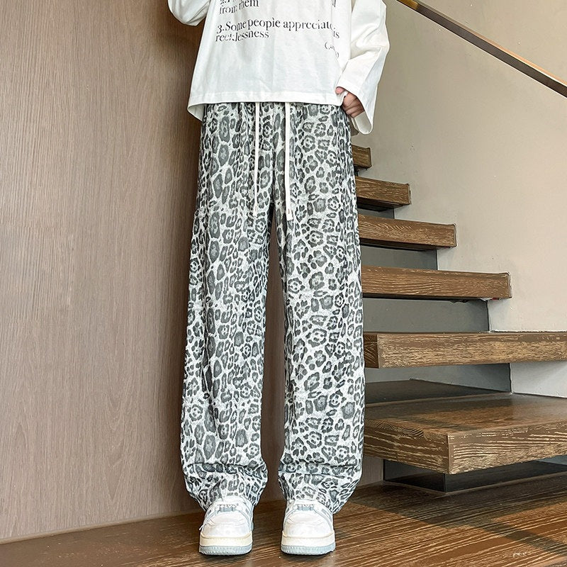 Men's Loose Fit Leopard Print Pants made of Lightweight Viscose Blend with Drawstring Chichicherry