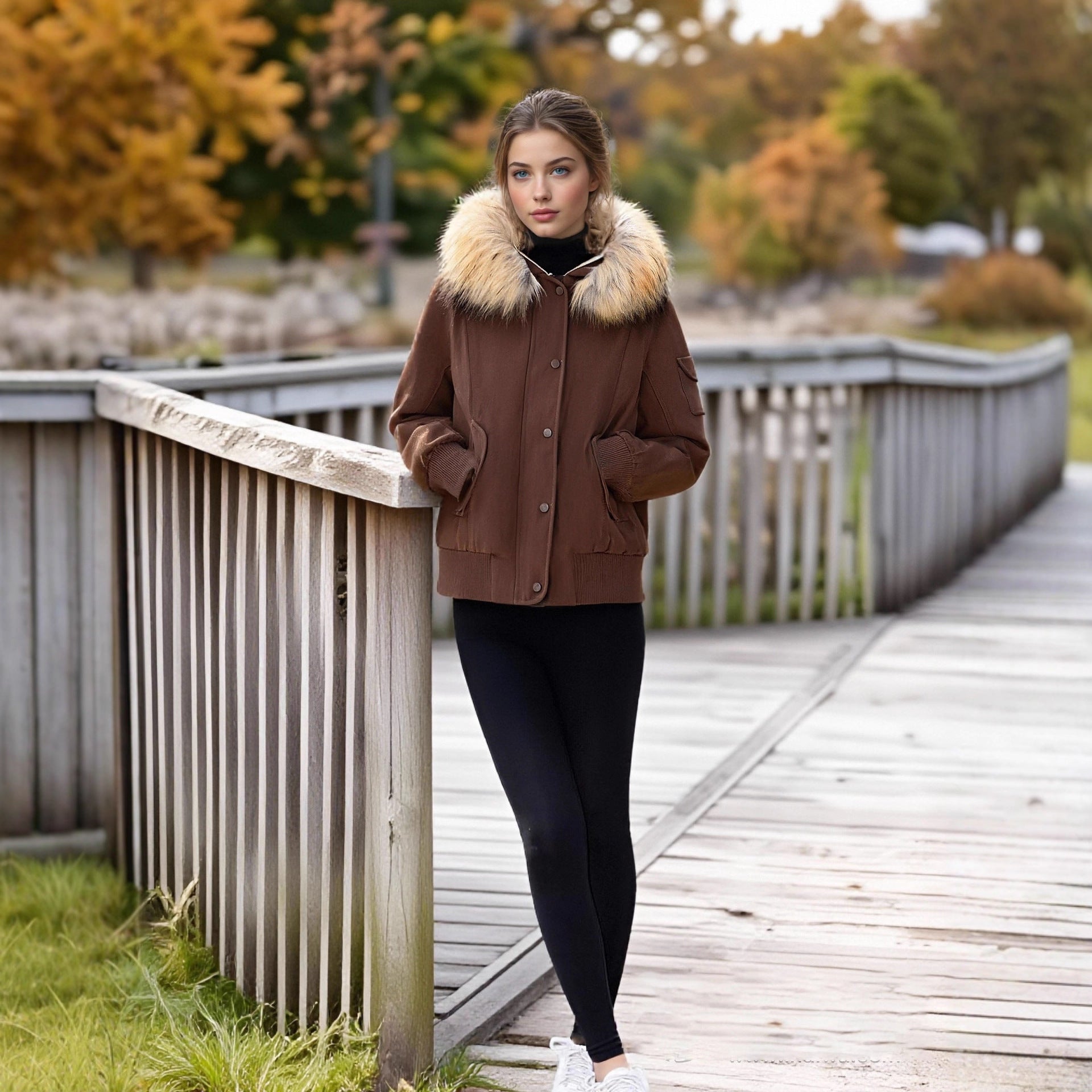 Women's Padded Bomber Jacket with Hood and Removable Faux Fur Collar Chichicherry