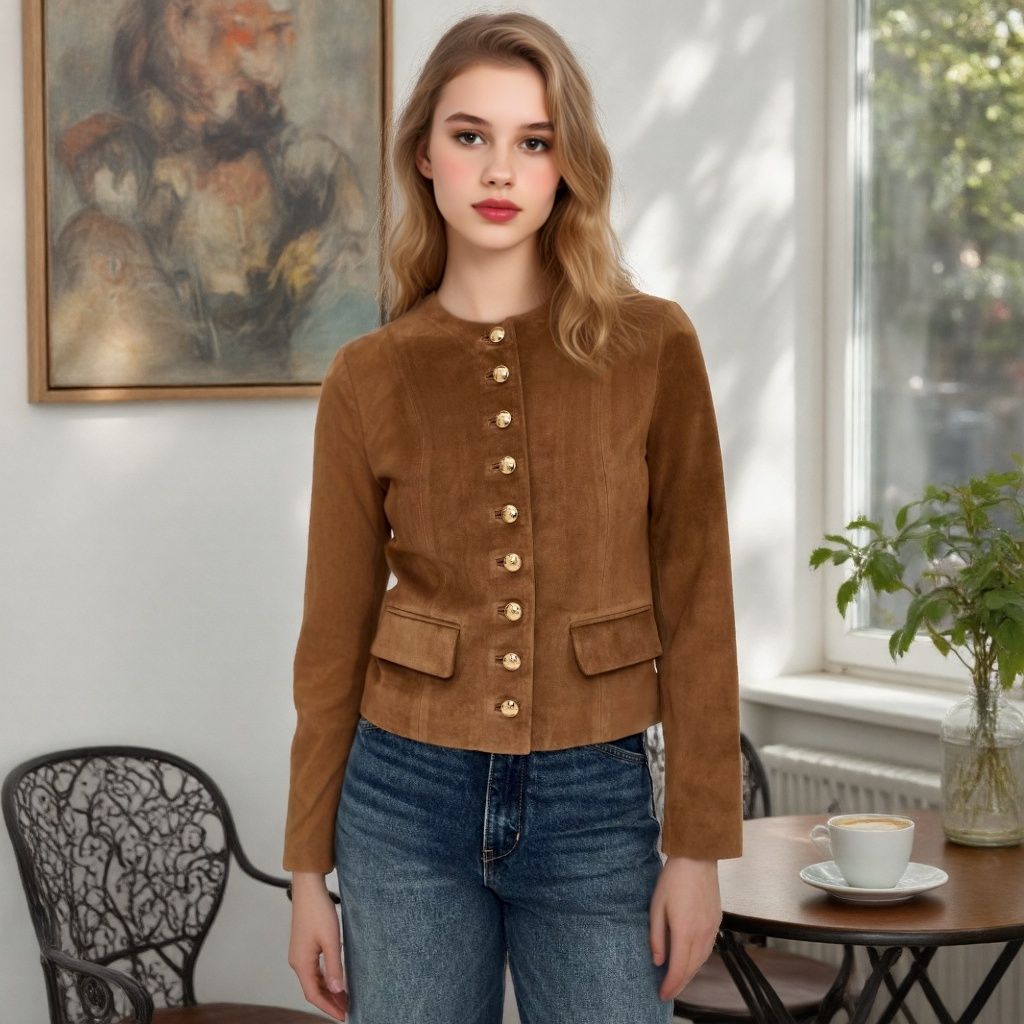 Women's Tailored Suede Look Jacket with Stand-Up Collar and Decorative Button Placket Chichicherry