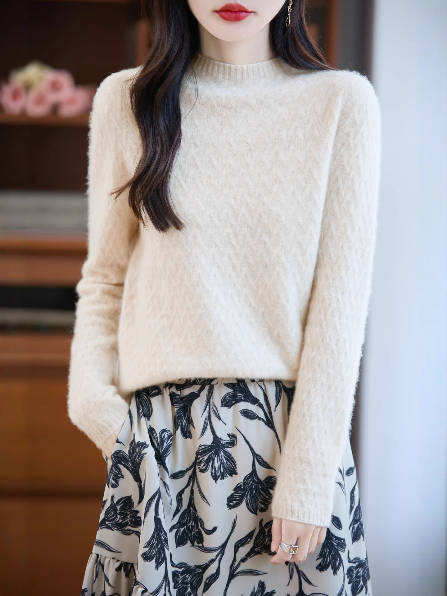 Women's Soft Fine Knit Sweater with Short Mock Neck, Light Mohair Look and Relaxed Silhouette Chichicherry
