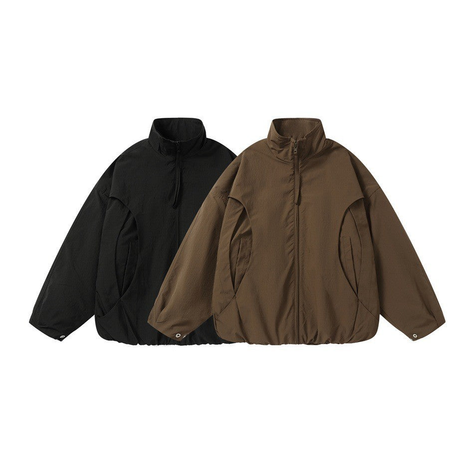 Unisex Short-cut Oversize Boxy Blouson with High Stand-up Collar, Curved Pocket Design and Elastic Hem Chichicherry