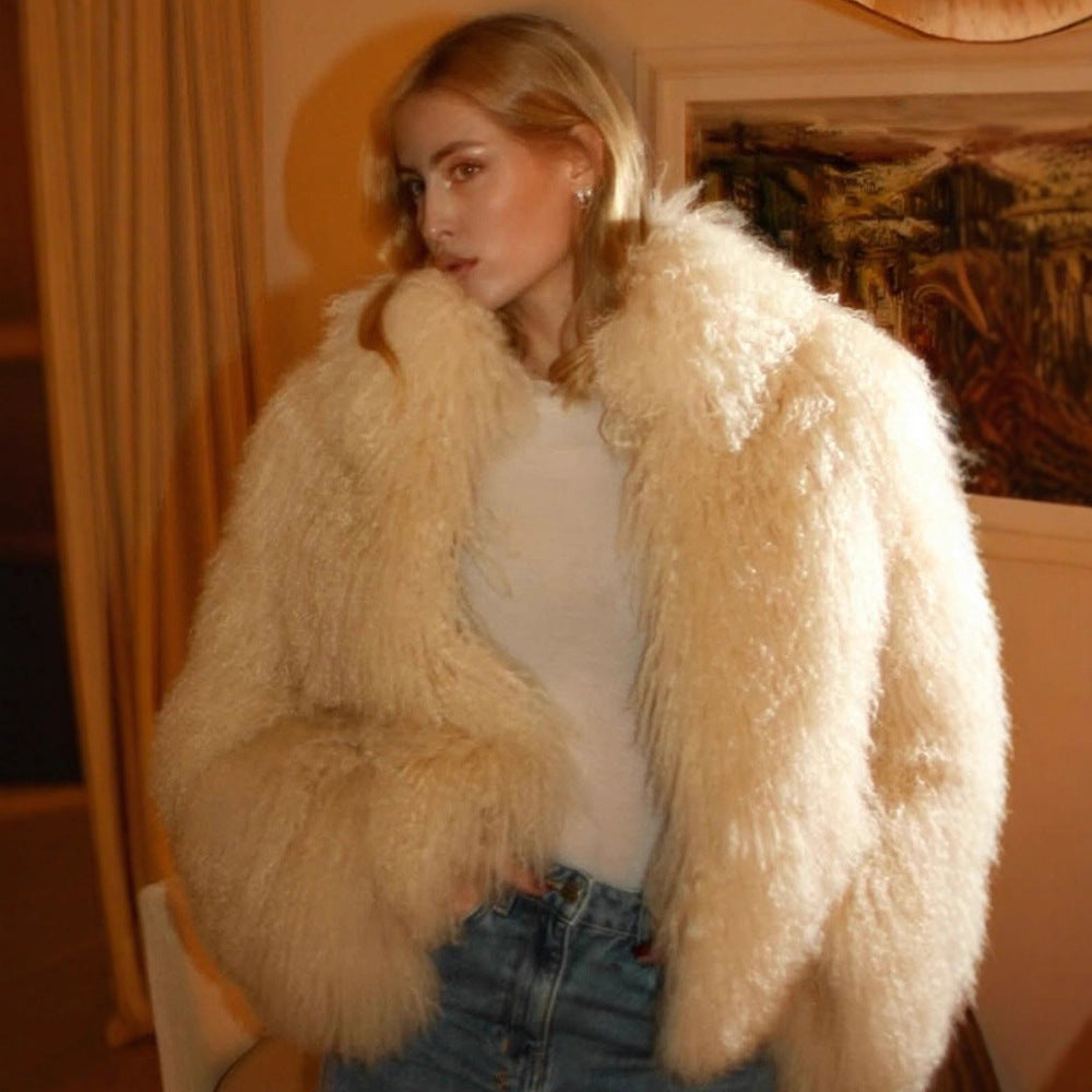 Women's Boxy Faux Fur Bomber Jacket with Curly Lambskin Look and Extra Volume Chichicherry