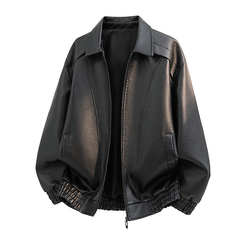 Men's leather bomber jacket in oversized style with elastic hem and zipper Chichicherry