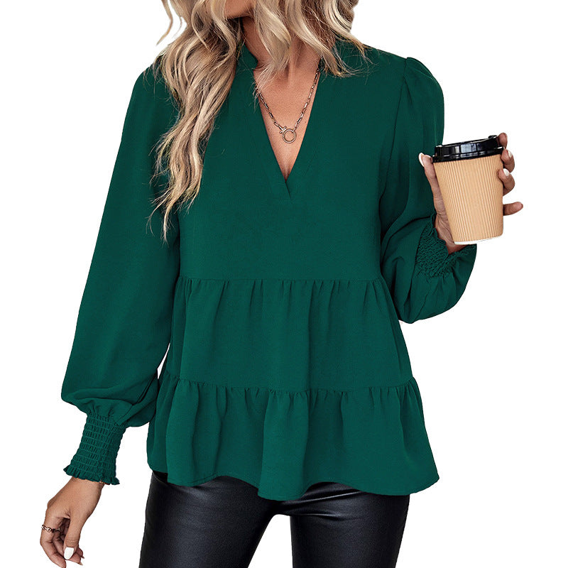 Women's Two-Tier Ruffle Blouse with V-Neck and Gathered Cuff Sleeves Chichicherry