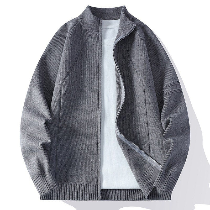 Men's Oversize Fine Knit Zip Jacket with Stand-Up Collar, Raglan Sleeves, and Ribbed Cuffs Chichicherry