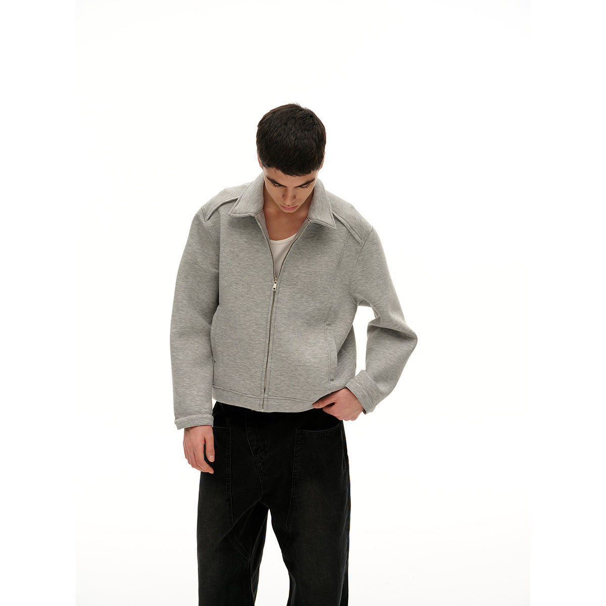 Women Lightweight Boxy Sweat Jacket with Shirt Collar, Full Zip and Concealed Side Pockets Chichicherry