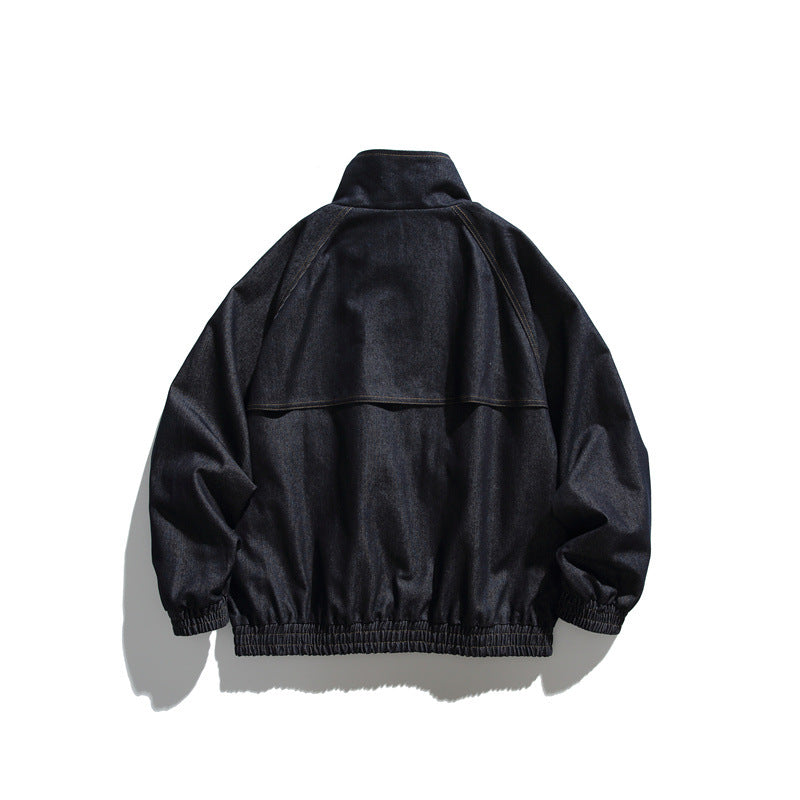 Unisex Boxy Denim Jacket with Stand-up Collar, Snap Button Front and Elastic Hem Chichicherry