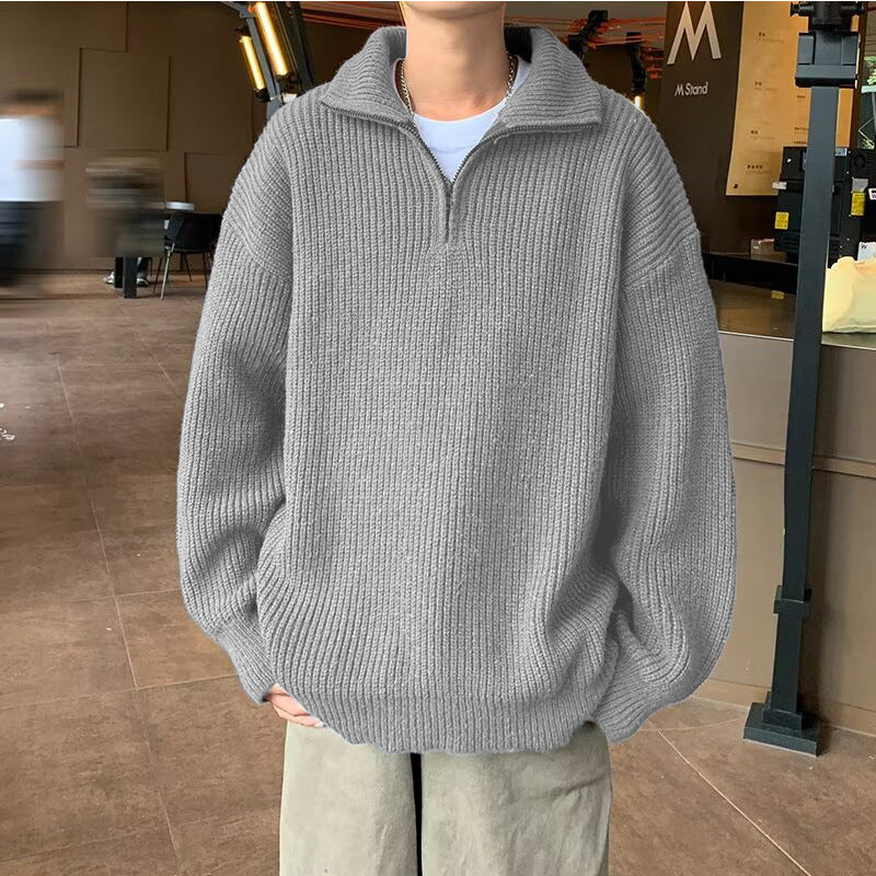 Herren Weicher Oversize-Rippenstrick-Pullover mit verdecktem Halbzip und Polokragen Chichicherry