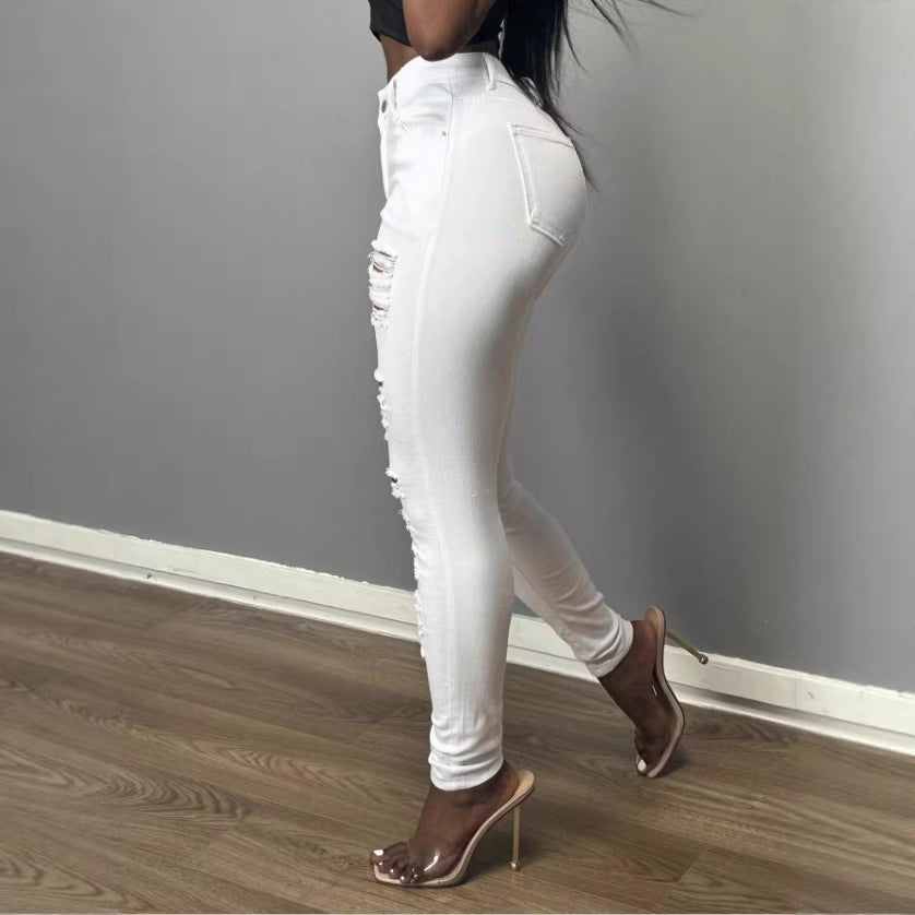 Women's High-Waisted Skinny Jeans with Asymmetrical Destruction Look and Shaping Waistband Chichicherry