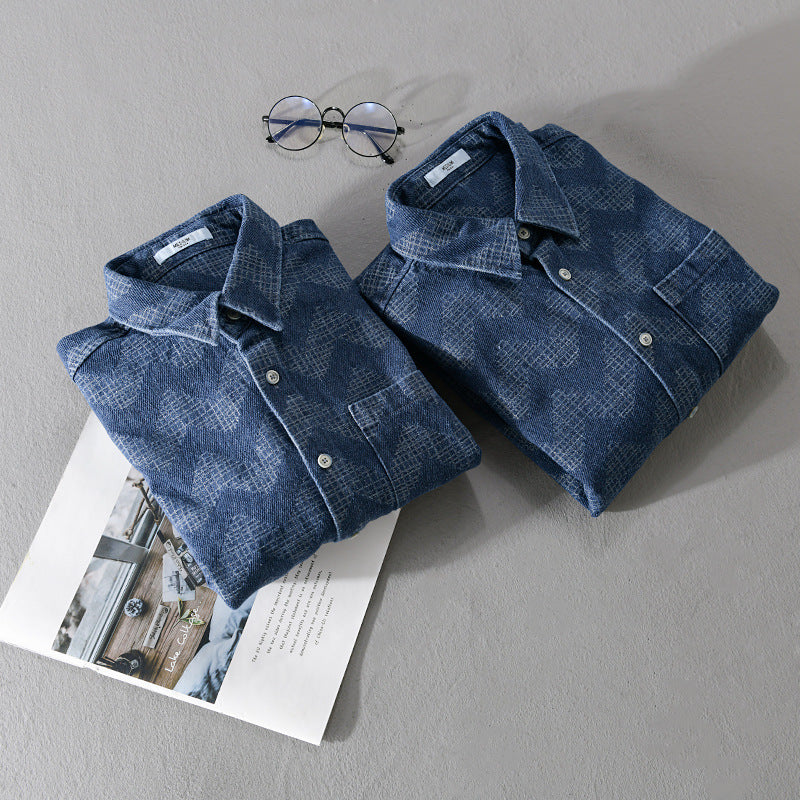Men's Indigo-Structure Overshirt made of washed denim with zigzag jacquard, Kent collar and chest pocket Chichicherry