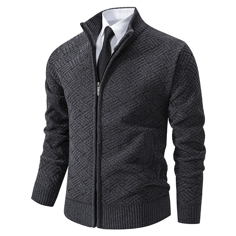 Men's knit zip jacket with geometric textured pattern and stand-up collar Chichicherry