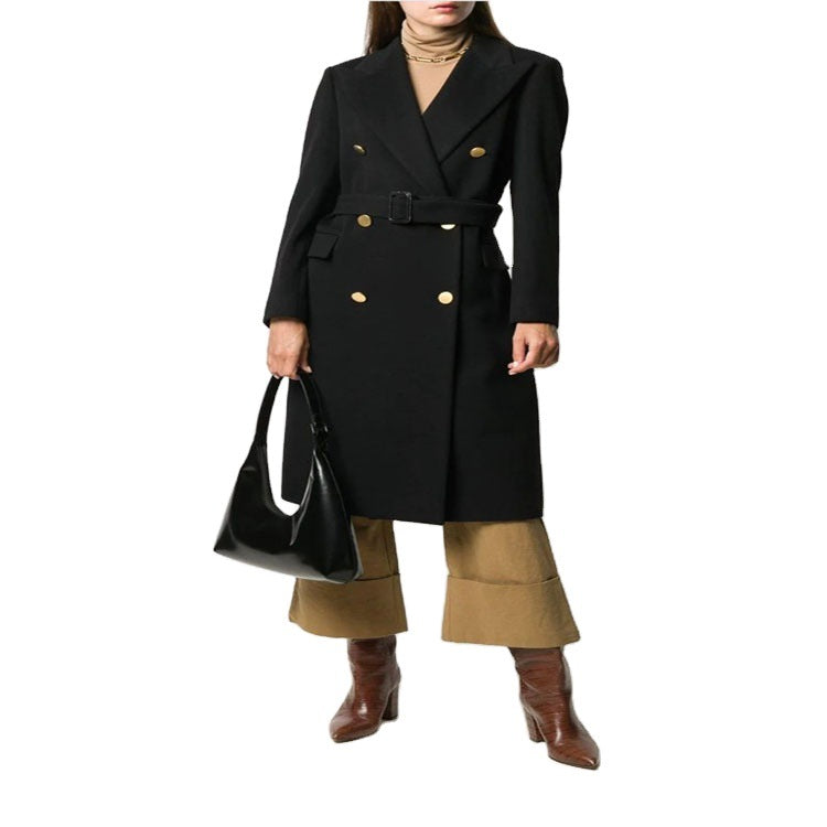 Women's mid-length noble wool blend coat in double-breasted style with contoured waist belt Chichicherry