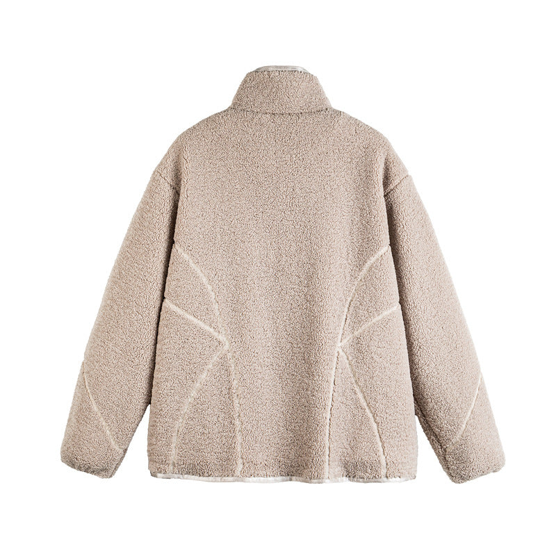 Unisex Teddy-Fleece-Bomber Jacket with Stand Collar and Geometric Seam Design Chichicherry