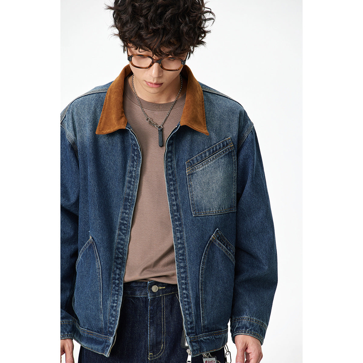 Men's Relaxed Denim Jacket with Contrast Corduroy Collar and Slanted Chest Pocket Chichicherry